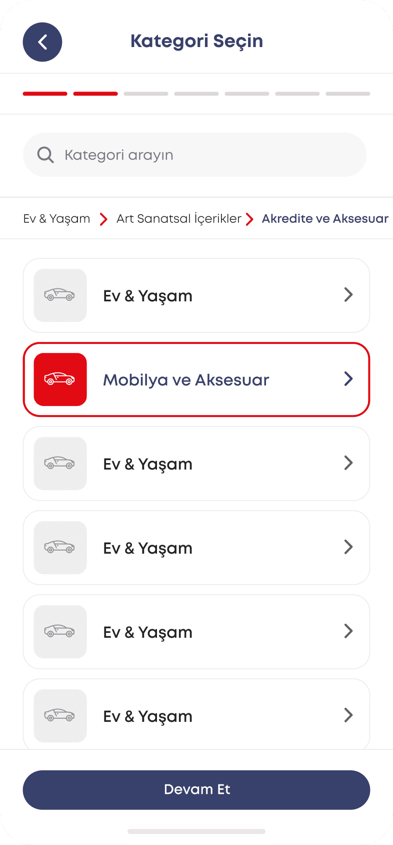 Kategori seçim ekranı