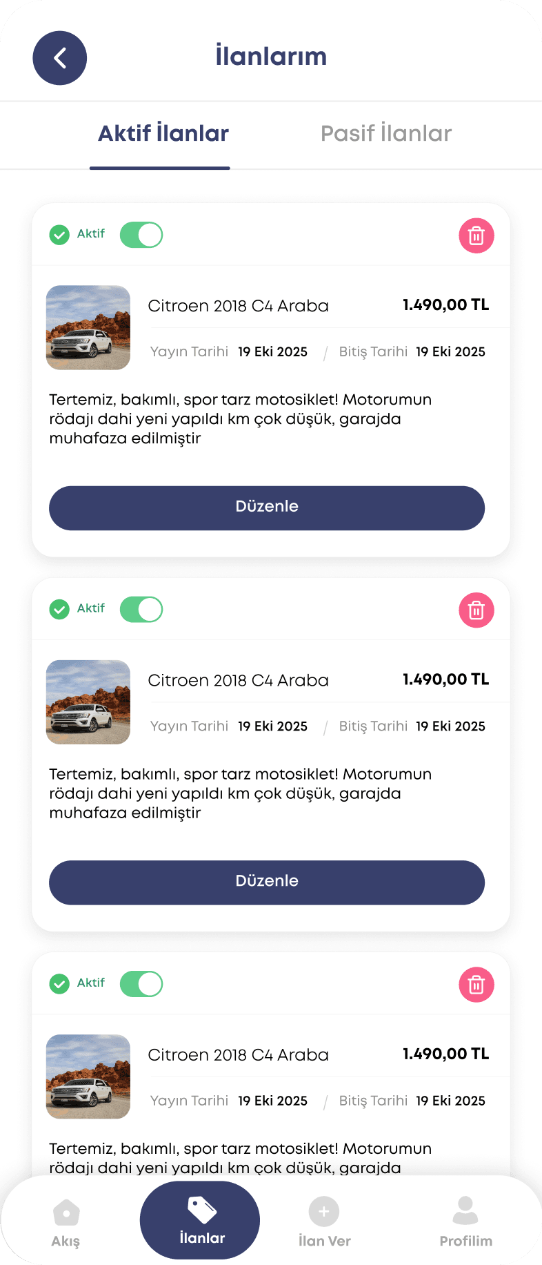 İlanlarım ekranı